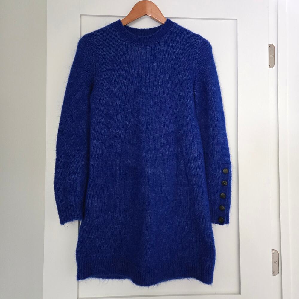Sezane Indigo Blue Fanie Long Sleeve Mohair Wool Blend Sweater Dress